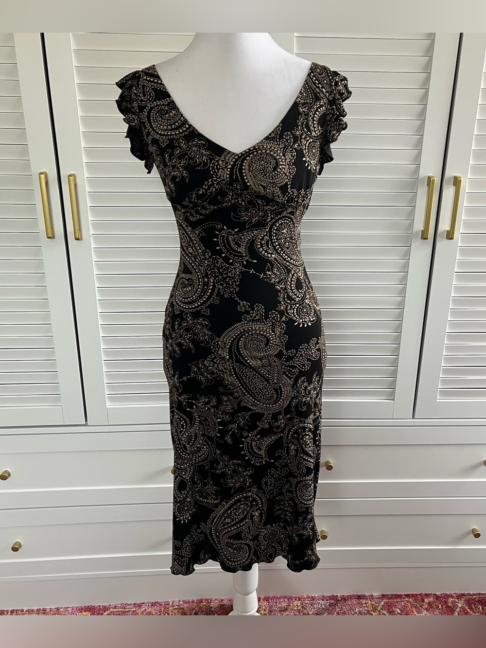 Vintage 90s La Belle Black Midi Dress with Paisley Print Y2K Carrie Bradshaw